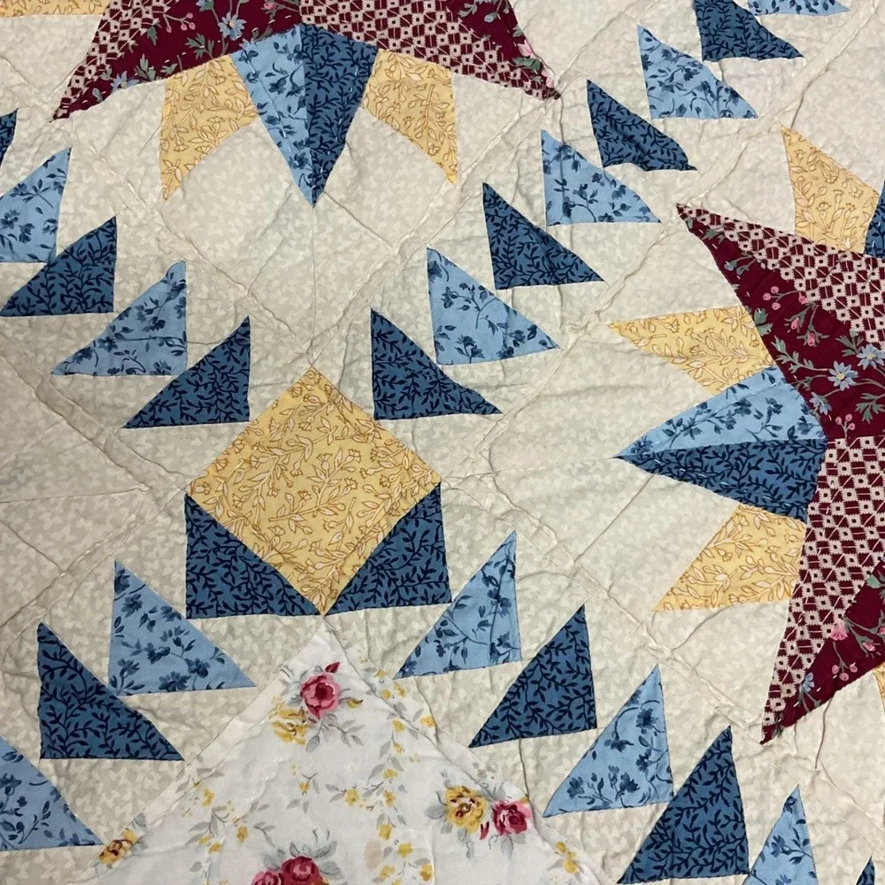 Vtg Hand Quilted Star Quilt 80x82 Americana‎ Farmhouse Cottage Cotton Bedspread